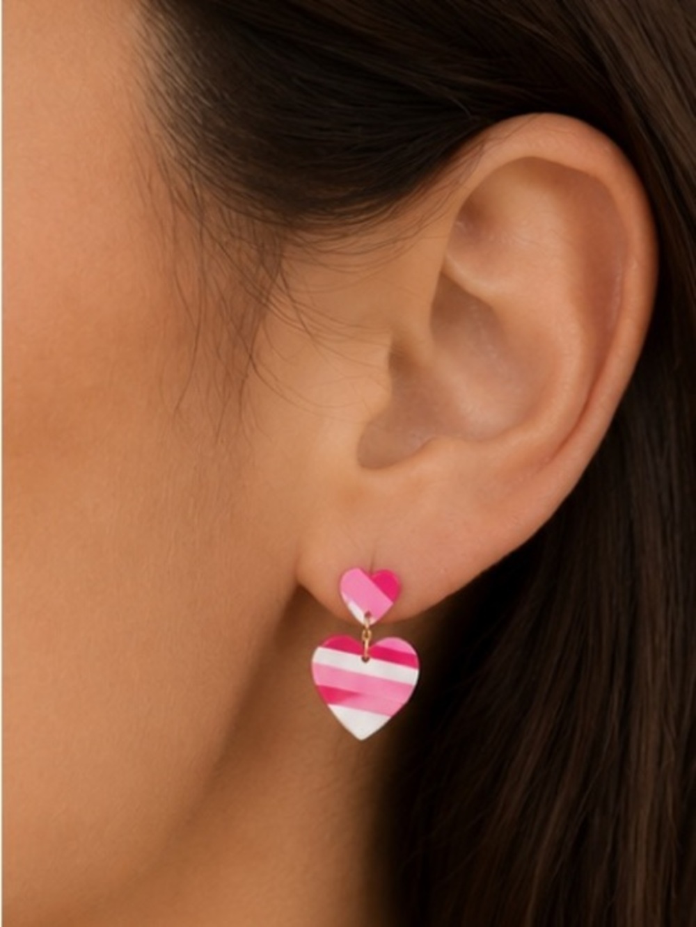 Pink Striped Acrylic Heart Dangle Earrings OS Coquette Valentine